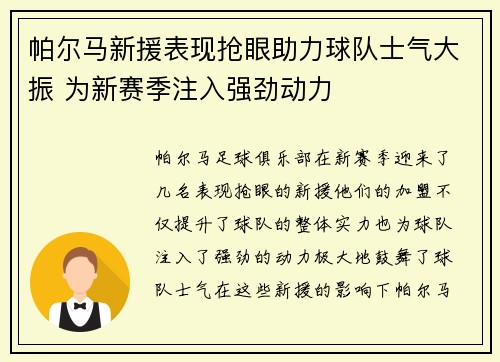 帕尔马新援表现抢眼助力球队士气大振 为新赛季注入强劲动力
