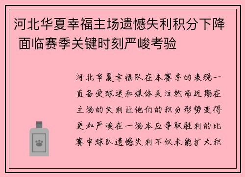 河北华夏幸福主场遗憾失利积分下降 面临赛季关键时刻严峻考验
