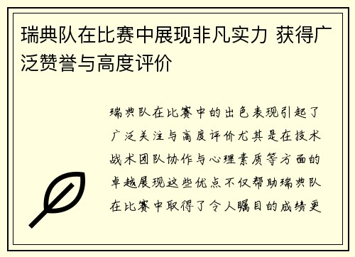 瑞典队在比赛中展现非凡实力 获得广泛赞誉与高度评价