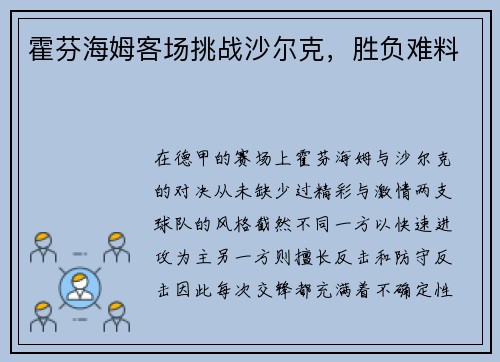 霍芬海姆客场挑战沙尔克，胜负难料