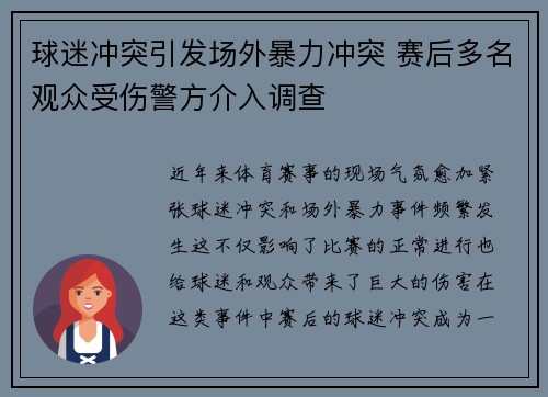 球迷冲突引发场外暴力冲突 赛后多名观众受伤警方介入调查