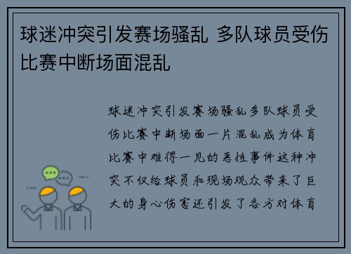 球迷冲突引发赛场骚乱 多队球员受伤比赛中断场面混乱